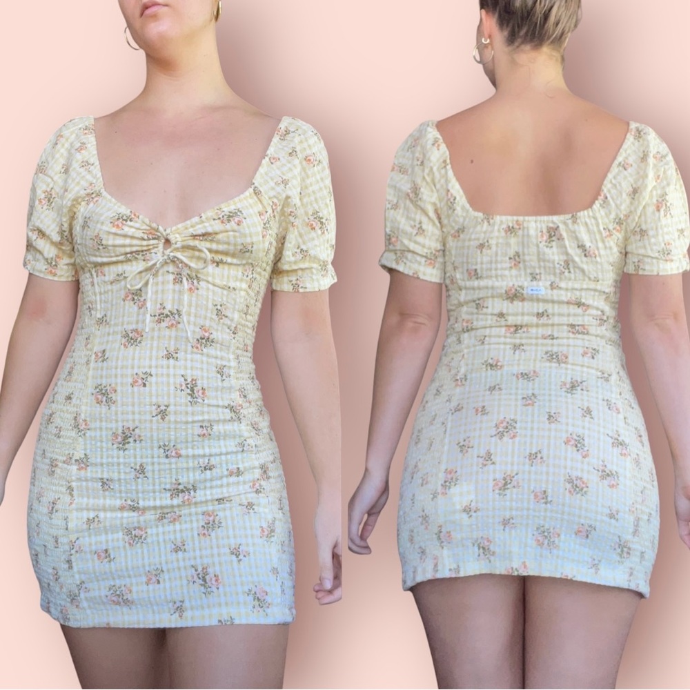 RVCA linen mini floral dress smocked bodycon feminine summer yellow medium